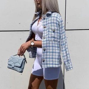blue button down pocket detail tweed overcoat jacket